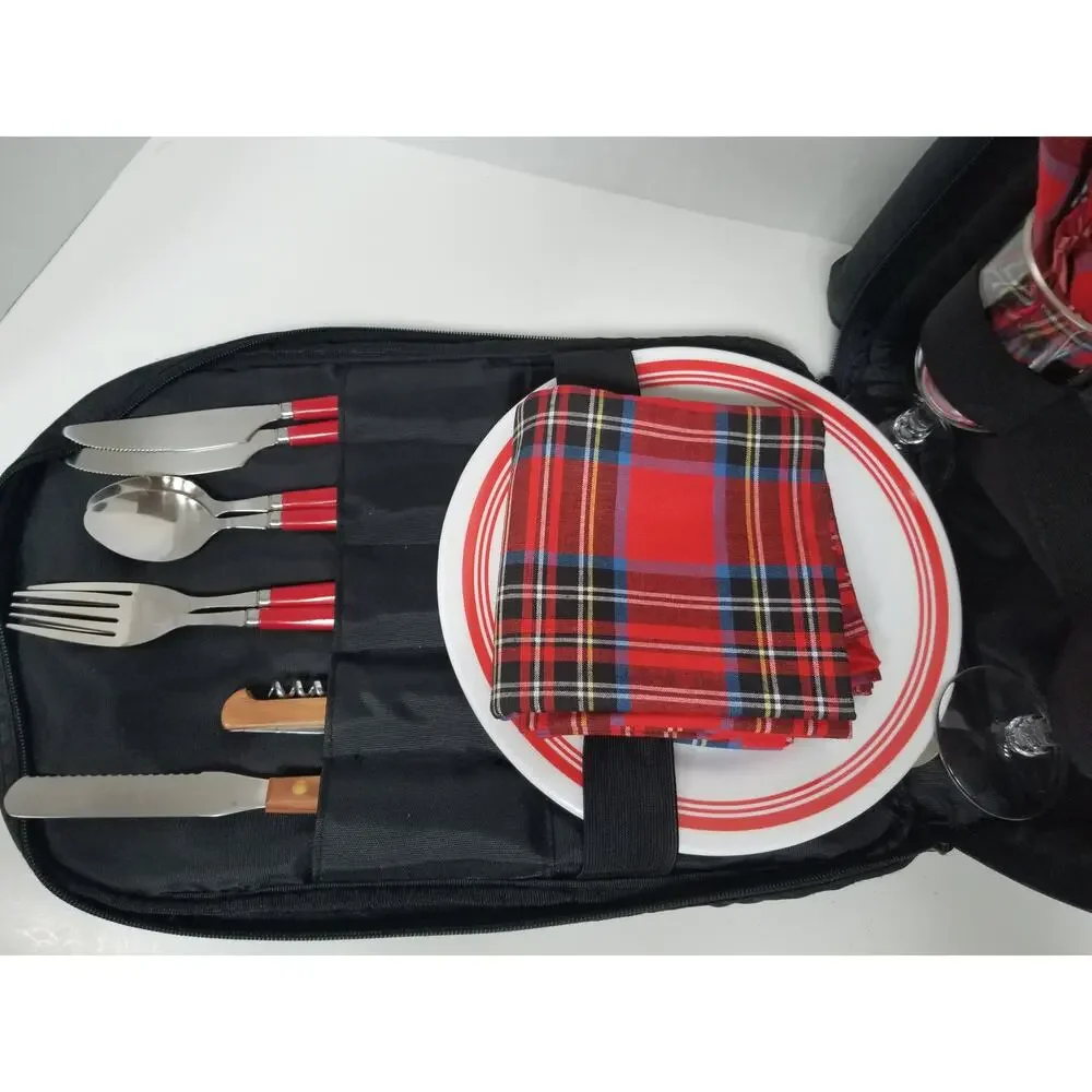 Vintage 2 Person Picnic Backpack Kit Insulated Cooler Utensil Glasses Plates New
